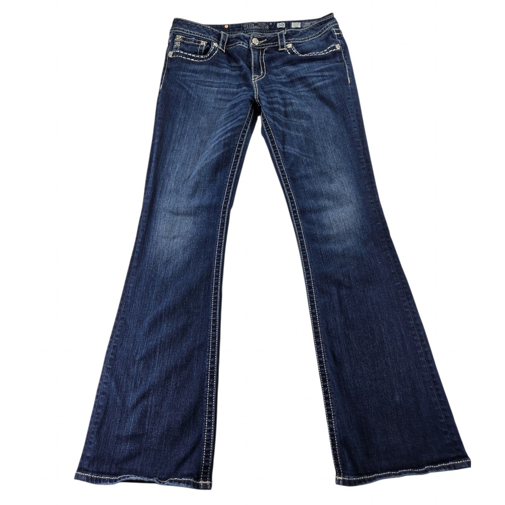 Miss Me Size 32 Mid Rise Bootcut Jeans Dark Wash Embellished Pocket Distressed